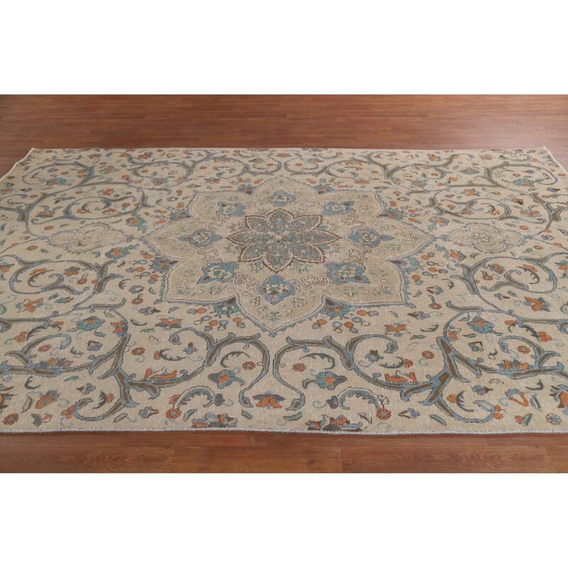 Hand Knotted Oriental 100% Wool Carpet Traditional Floral Beige & Ivories Tabriz Area Rug - 10' 1'' X 6' 10''