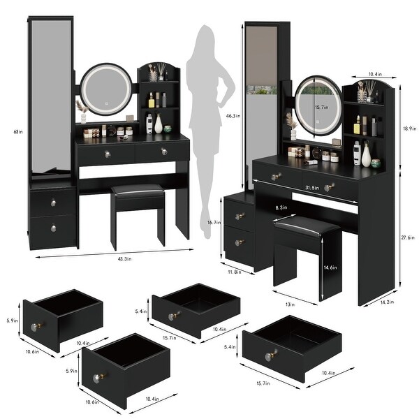SERNADECORINC Full Body Mirror Vanity Set with LED Round Mirror Cushioned Stool Black