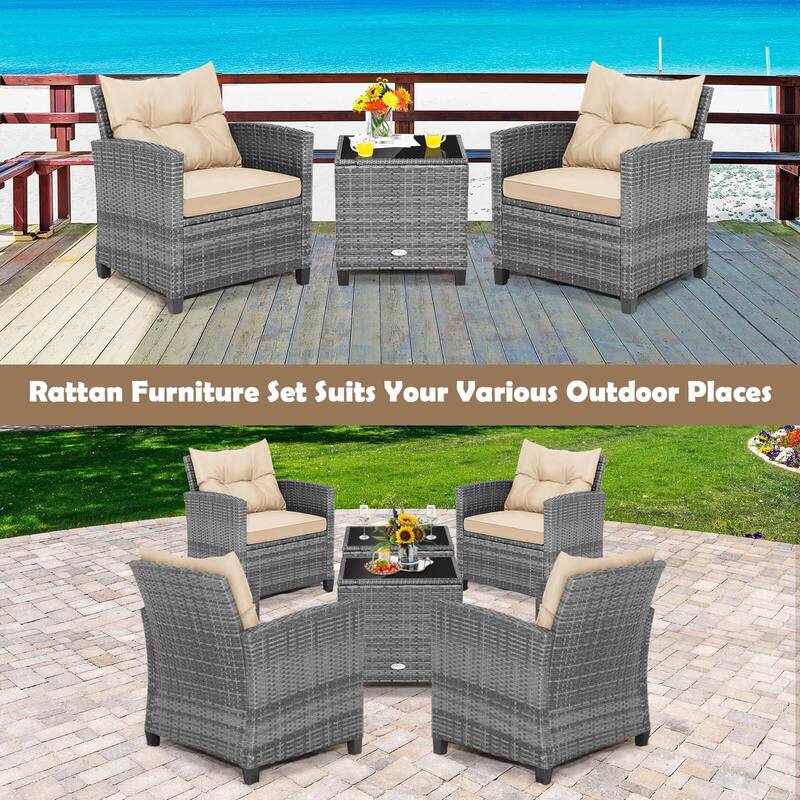 Costway 3PCS Patio Rattan Furniture Bistro Set Cushioned Sofas Side