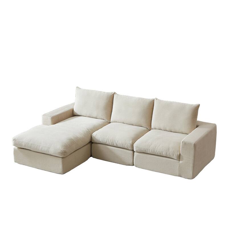 L-Shaped Sectional Sofa with Chaise Lounge, Corduroy Upholstered Boneless Couch, Module Corner Sofa with 3 Pillows