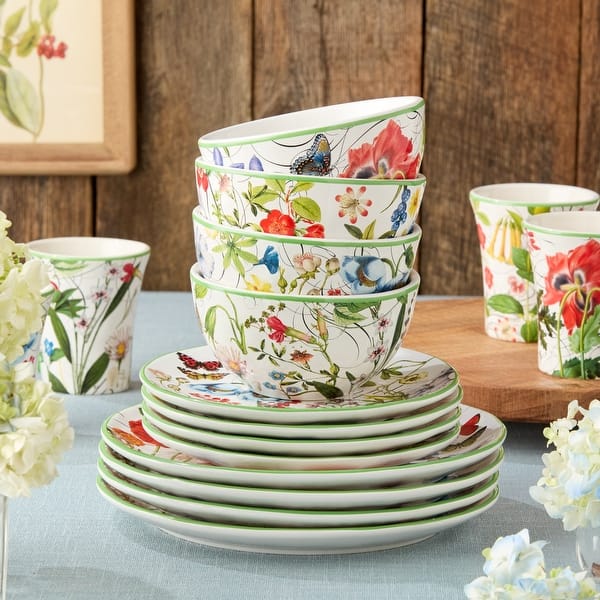 Service De Vaisselle 16 Pièces - Jardin Fleurs Sauvages, Assiettes Carrées, Service Pour 4