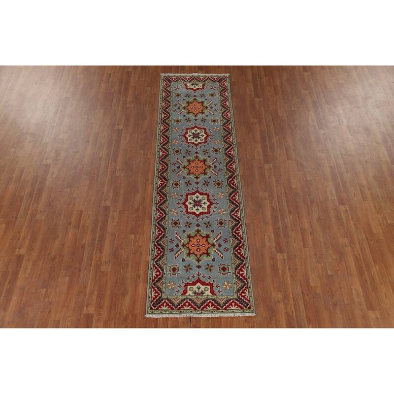 Light Blue Kazak Runner Rug Hand-Knotted Oriental Wool Carpet - 2'9" x 9'7"