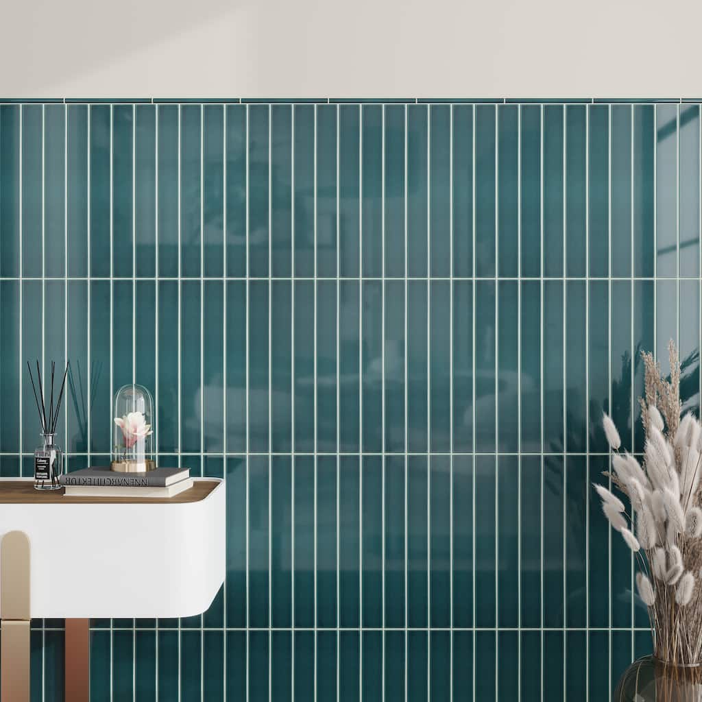Apollo tile 2" x 16" Horizonte Glossy Emerald Petrol Blue Ceramic Tile (10.76 sq ft/case) - 50 Pack