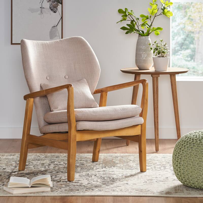 Roomfitters Mid-Century Modern Upholstered Club Chair with Button-Tufted Back and Birch Wood Legs, Beige