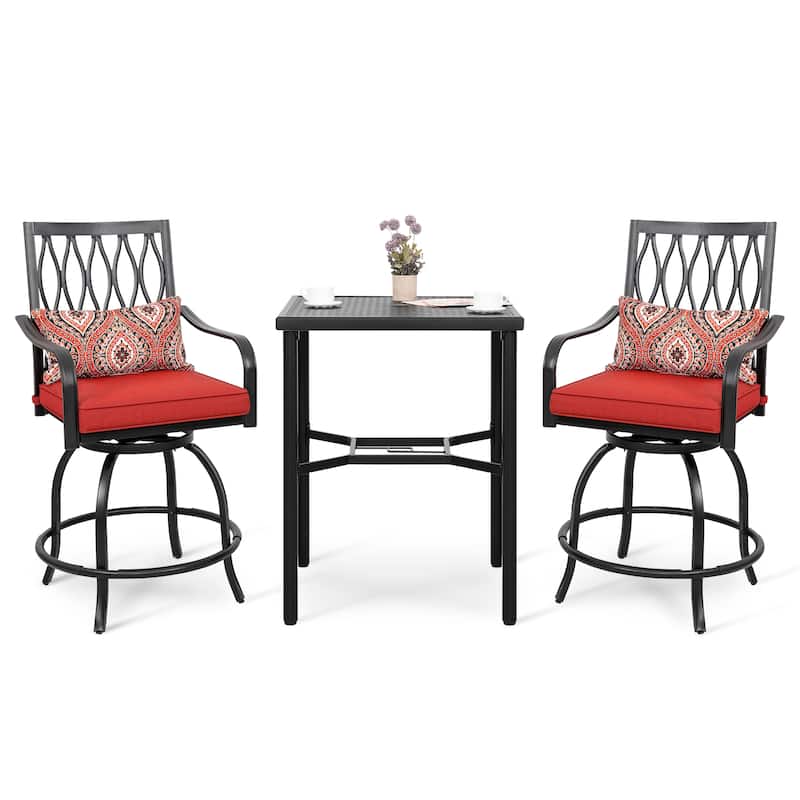 Outdoor 3-Piece Metal Bar Set, Swivel Bar Stools with Cushions and Pillows