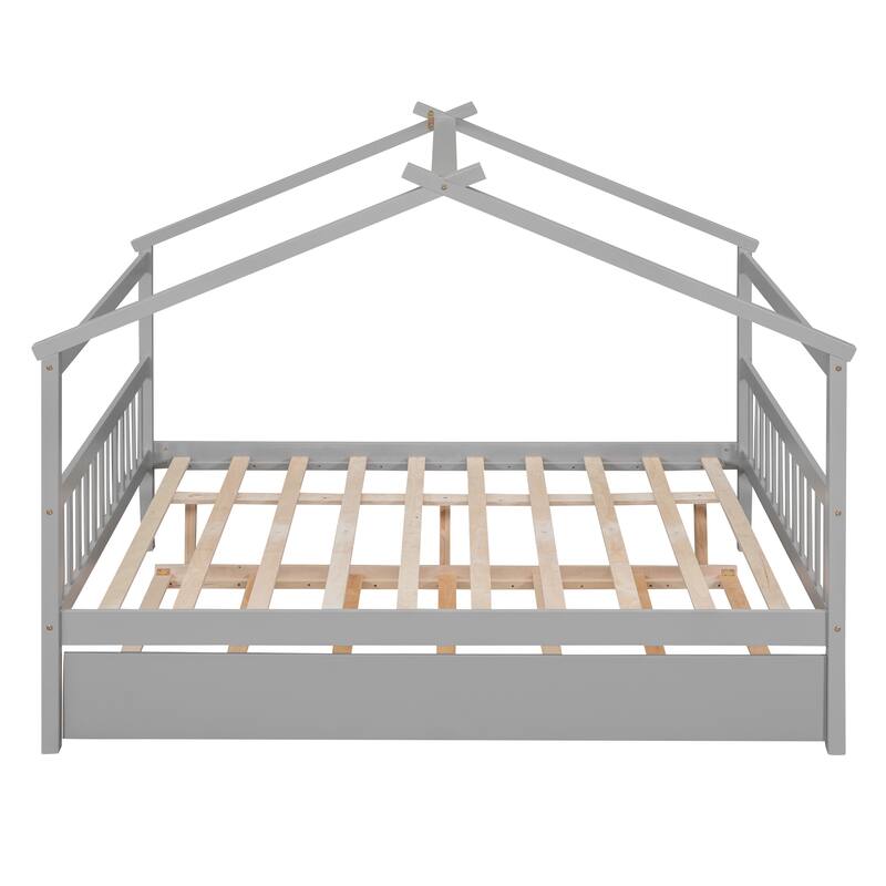Creativity House Bed Twin/ Full Size Frame with Trundle for Boys Girls, Wood Platform Bed with Roof No Box Spring Needed