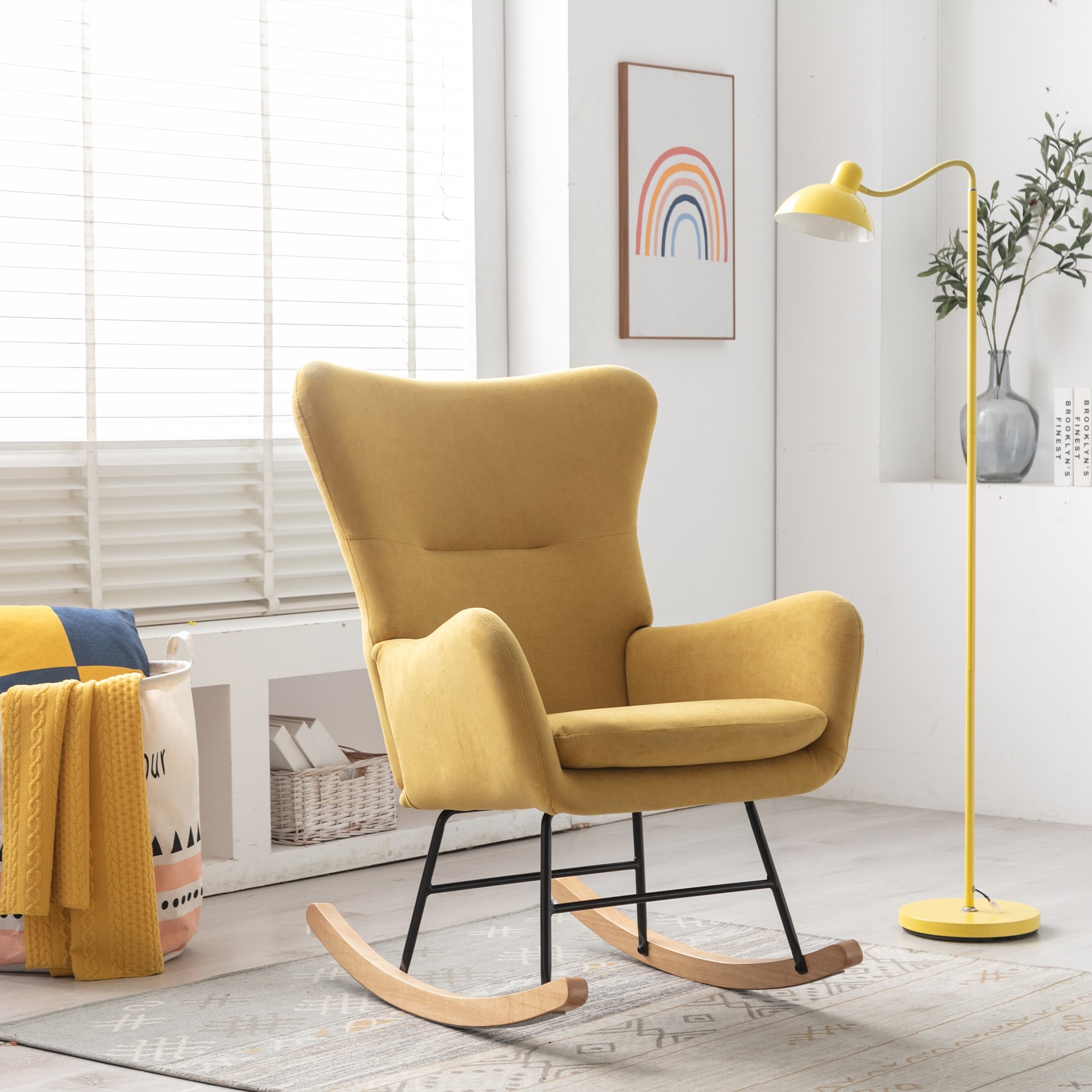 Velvet Armchair Wingback Comfy Rocker Chair with Thick Padded Seat for Nursery