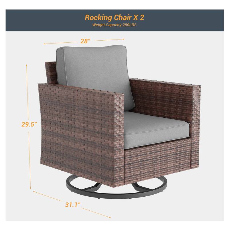 Livoosun Patio Outdoor Furniture Gray Rattan Swiveling Rocker Chairs Set With Thick Cushions