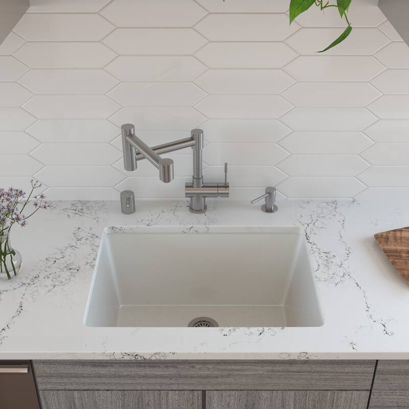 ALFI brand AB2418UD 24" White Undermount / Drop In Fireclay Kitchen Sink