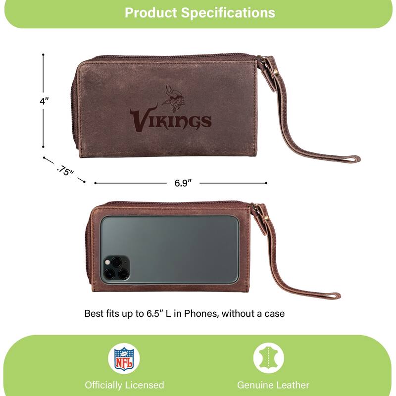 Brown Leather Cell Phone Wristlet Wallet, Minnesota Vikings - 4" x 7"