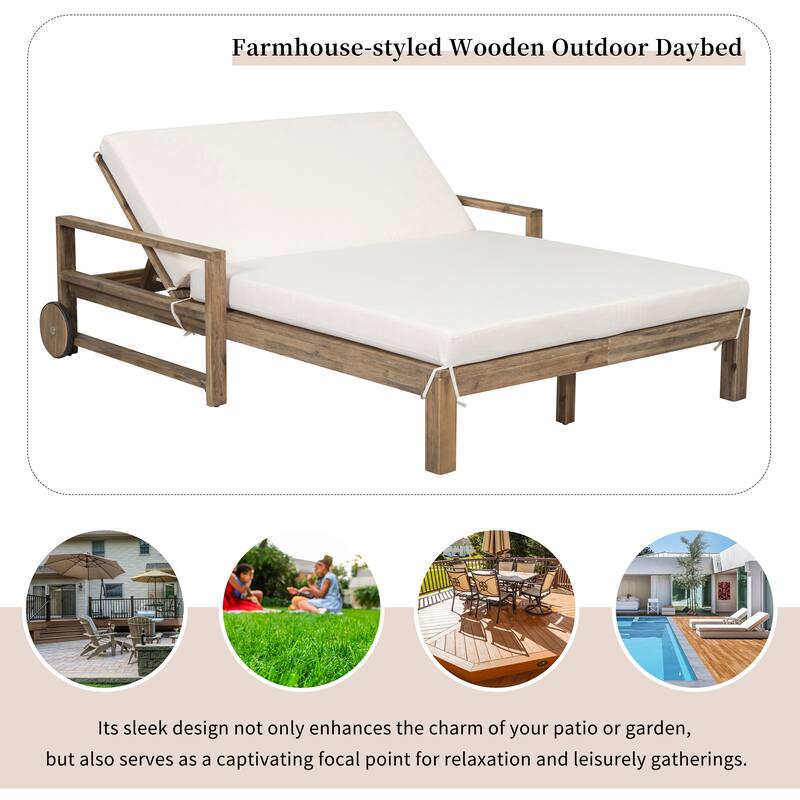Farmhouse Acacia Wood Sunbed with Adjustable Backrest