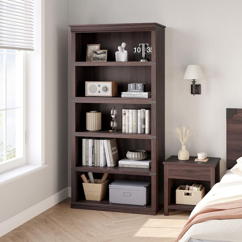 5 Tier Farmhouse Bookcase, 67.4" Tall Book Shelf with Storage, Wooden Bookshelves 5 Shelf