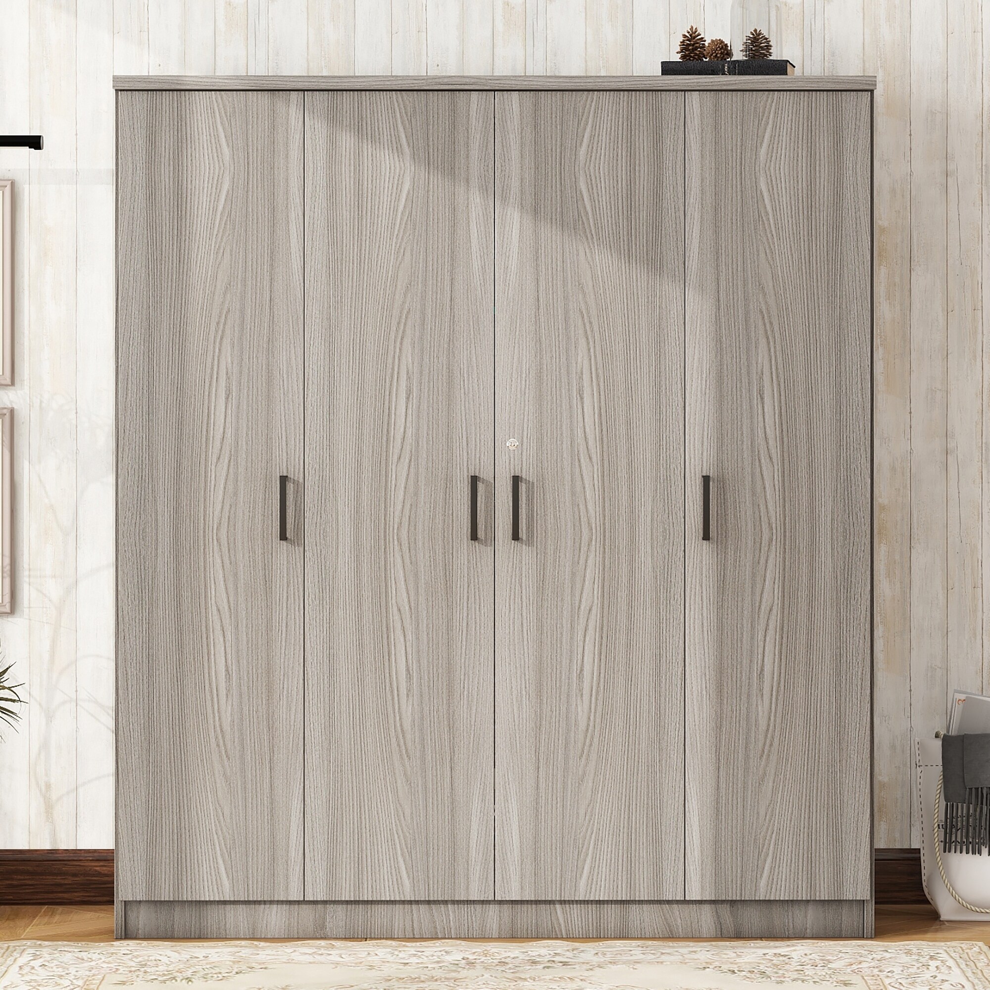 4-Door Wardrobe, Wood Free-Standing Cabinet Closet with Shelves