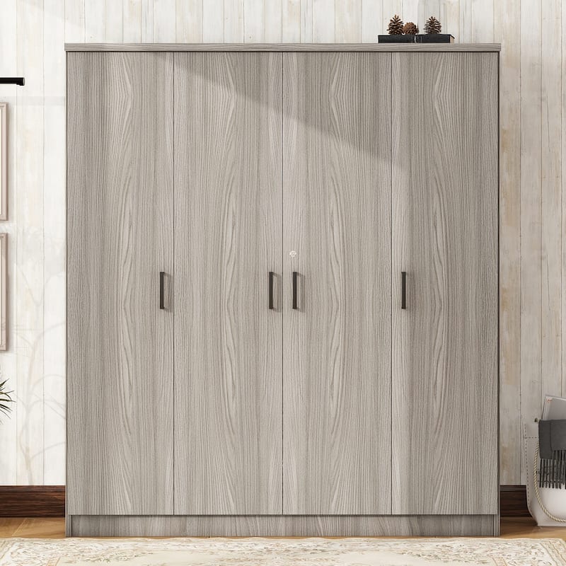 4-Door Wardrobe with Hanging Clothes Rod, Shelves & 1 Lockable Drawer, Industrial Free-Standing Armoire Closet for Bedroom, Grey