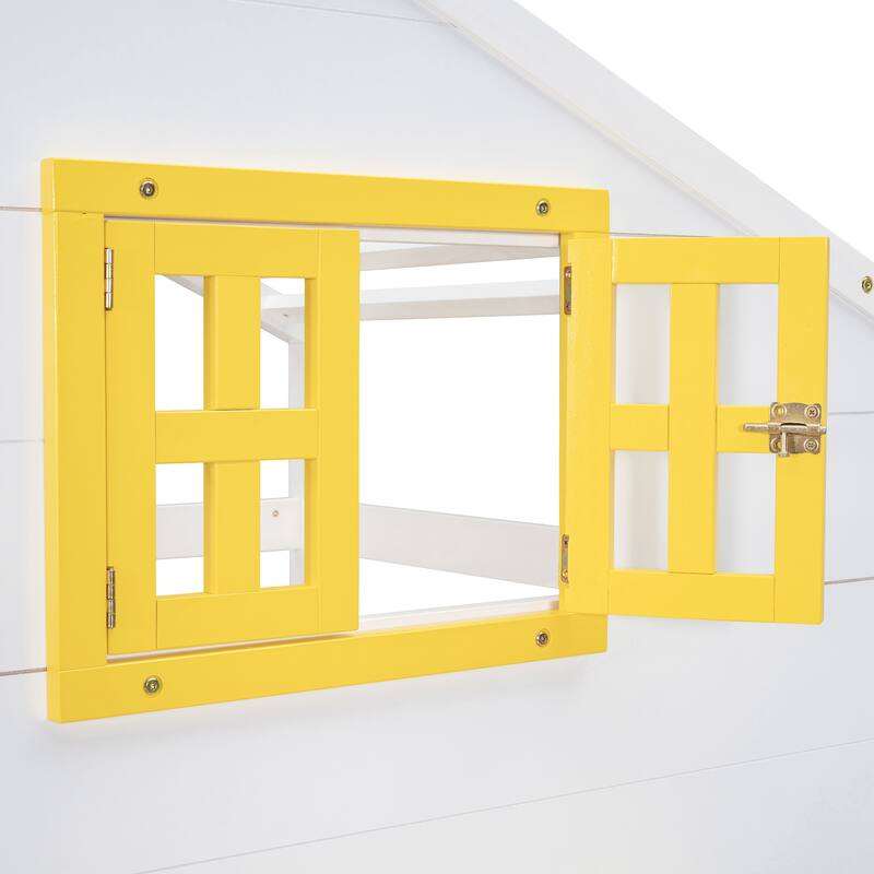 White Twin over Twin Bunk Bed with Storage, Drawers, Shelf, Window and Roof Design