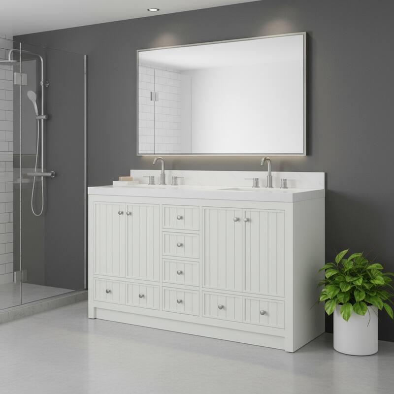 HomeRoots 60" White Wood Double Bathroom Vanity With White And Gray Quartz Countertop - 60.00 in. x 35.00 in. x 22.00 in. - 60.00 in. x 35.00 in.  x 22.00 in. - Polished - White