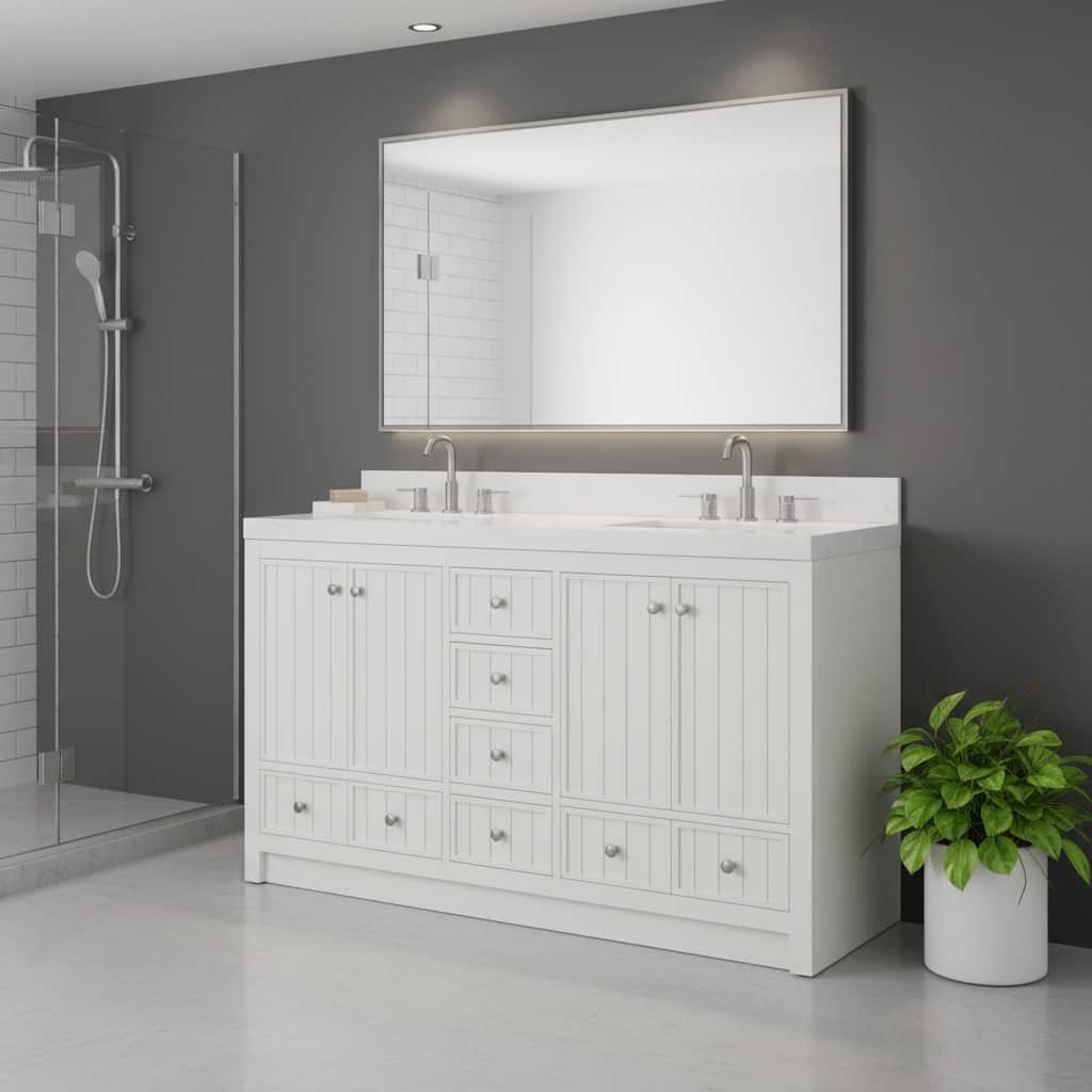 HomeRoots 60" White Wood Double Bathroom Vanity With White And Gray Quartz Countertop - 60.00 in. x 35.00 in. x 22.00 in.