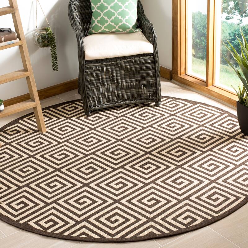 SAFAVIEH Linden Cathy Indoor/ Outdoor Waterproof Patio Backyard Rug - 6'7" Round - Creme/Brown