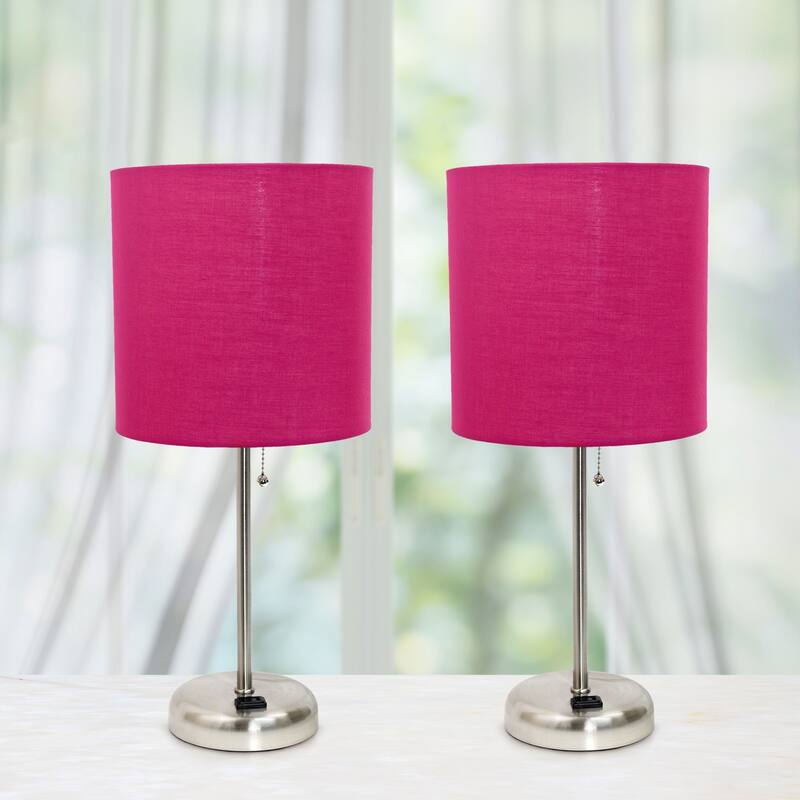 19.5 in. Brushed Steel Finish Table Lamp with Pink Shade, Desk Lamp for Writing and Computer Desks, Set of 2