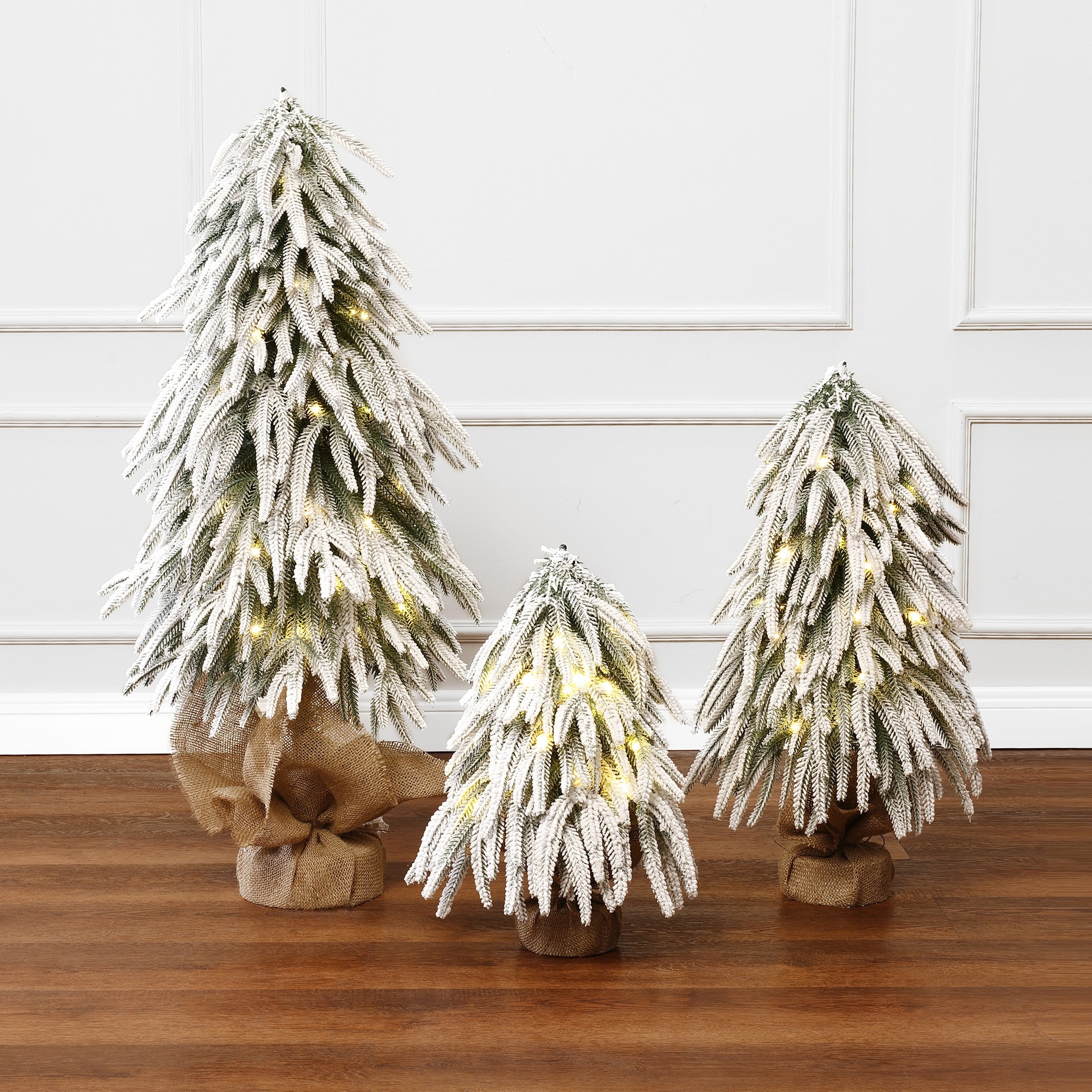 3-Piece Snowy Long Branches Artifical Christmas Tree Set with Battery-Op Lights