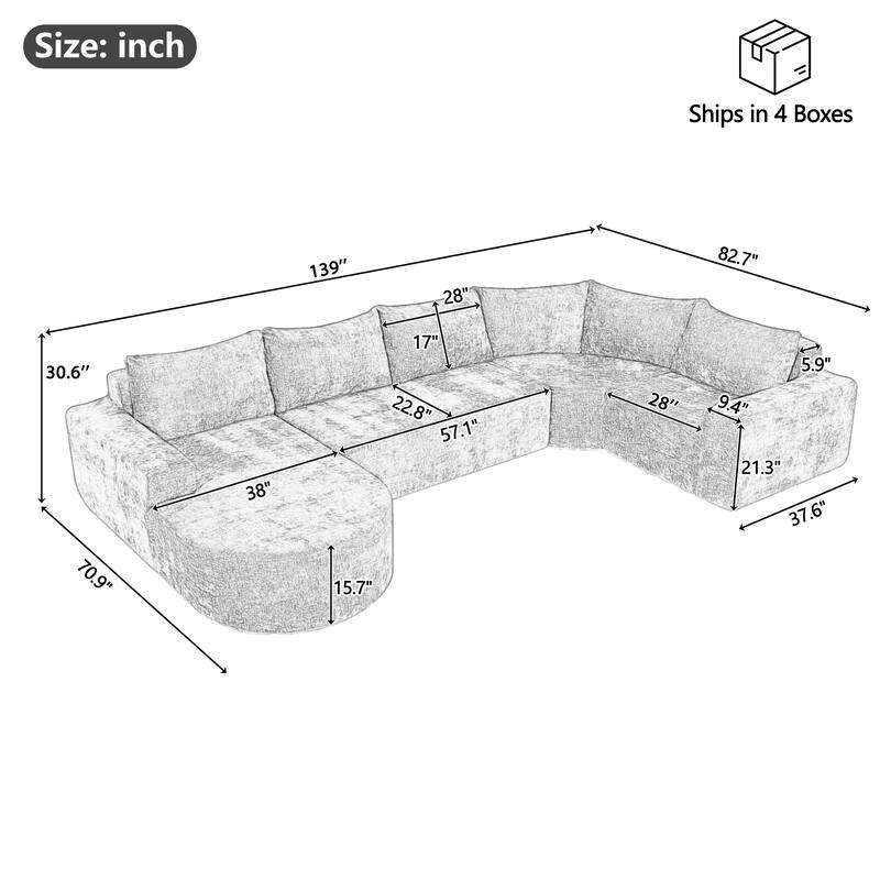 139" Grey U-shaped Modular Sectional Sofa for Living Room
