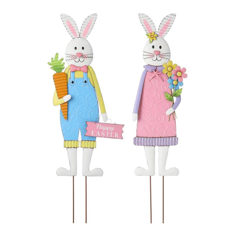 Glitzhome 36"H Metal Easter Bunny Girl Yard Stakes Porch Sign Wall Decor