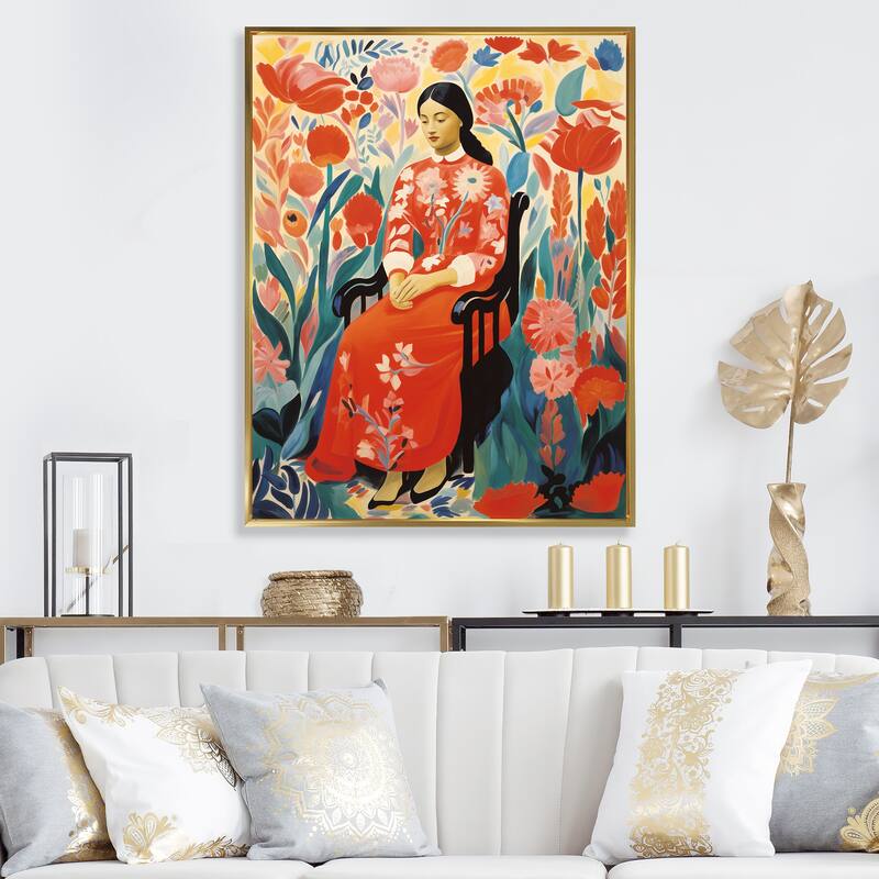 Designart "Mexican Floral Woman Portrait I" Woman Mexican Red Wall Decor - Glam Living Room Framed Canvas Art - 34 in. wide x 44 in. high - Gold