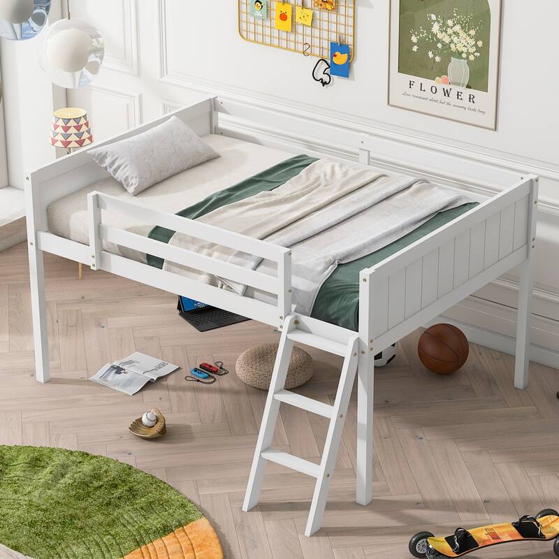 Full Size Wood Low Loft Bed with Ladder - White