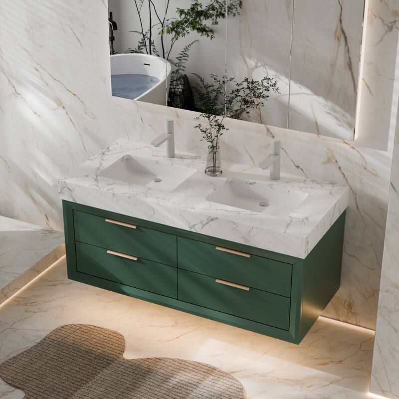 Modland 48" Floating Double Sink Bathroom Vanity with White Stone Countertop, Soft-Close Drawers, LED Lighting