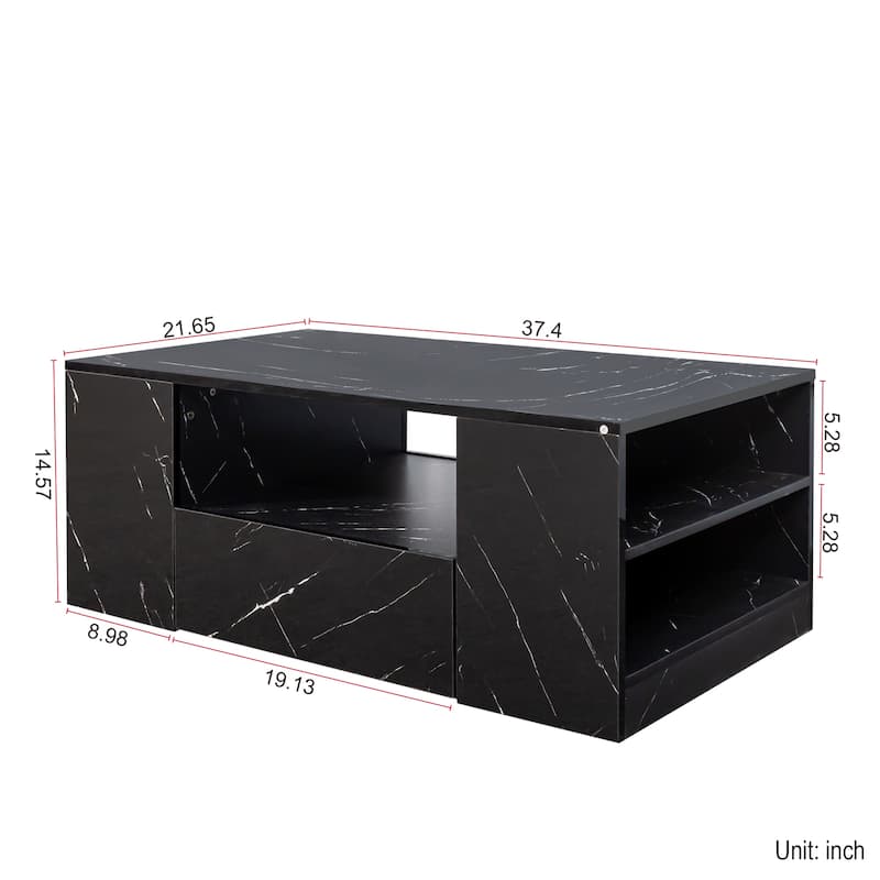 14.57" High LED Coffee Table ,Modern Coffee Tables Center Storage Table with 2 Drawers and Open Side Shelf