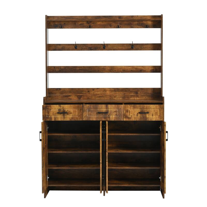 Shoe and Coat Cabinet with Drawers Shelves and Metal Hooks - 51.2" D x 13.8" W x 78.7" H