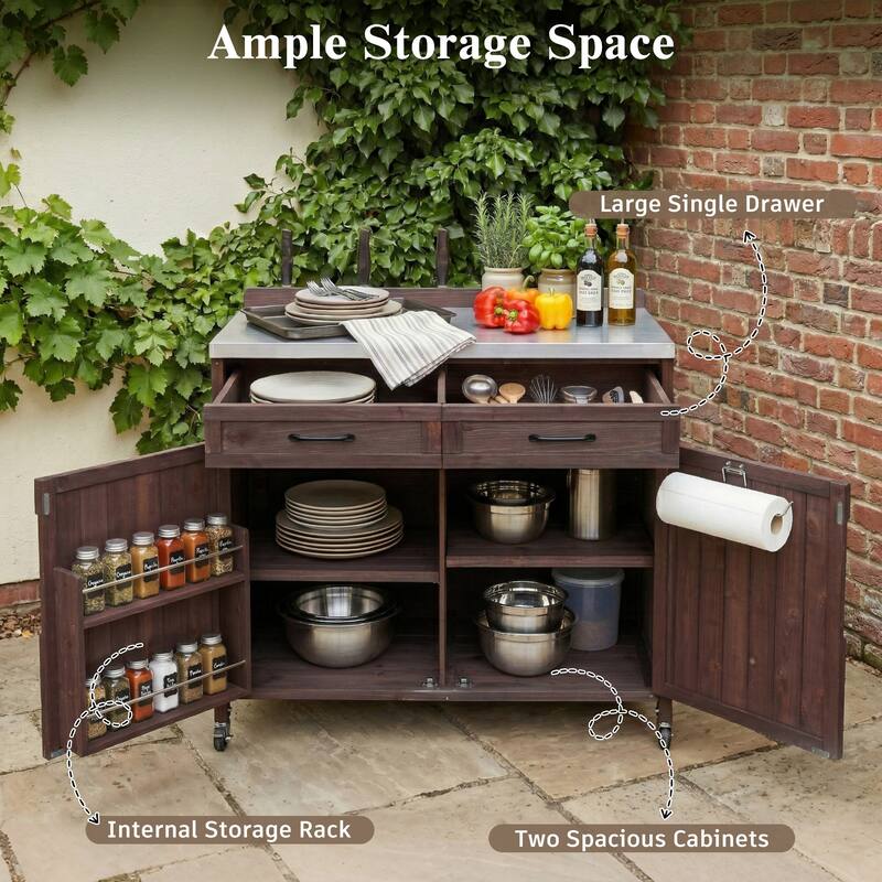 39.4" Outdoor Kitchen Island with Stainless Table Top, Pizza Prep Station with Drawer and Internal Storage Racks