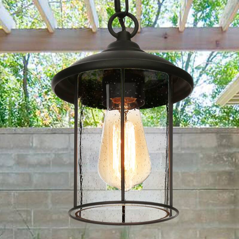 Modern Farmhouse Outdoor Patio Pendants Black Seeded Glass Shade Ceiling Light - Textured Black - D 6.5"x H 10.5"