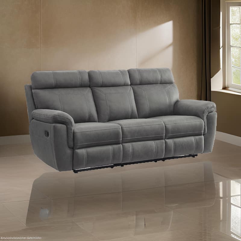 Cliff 84 Inch Manual Reclining Sofa, Gray Microfiber, Solid Wood, Metal