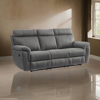 Cliff 84 Inch Manual Reclining Sofa, Gray Microfiber, Solid Wood, Metal