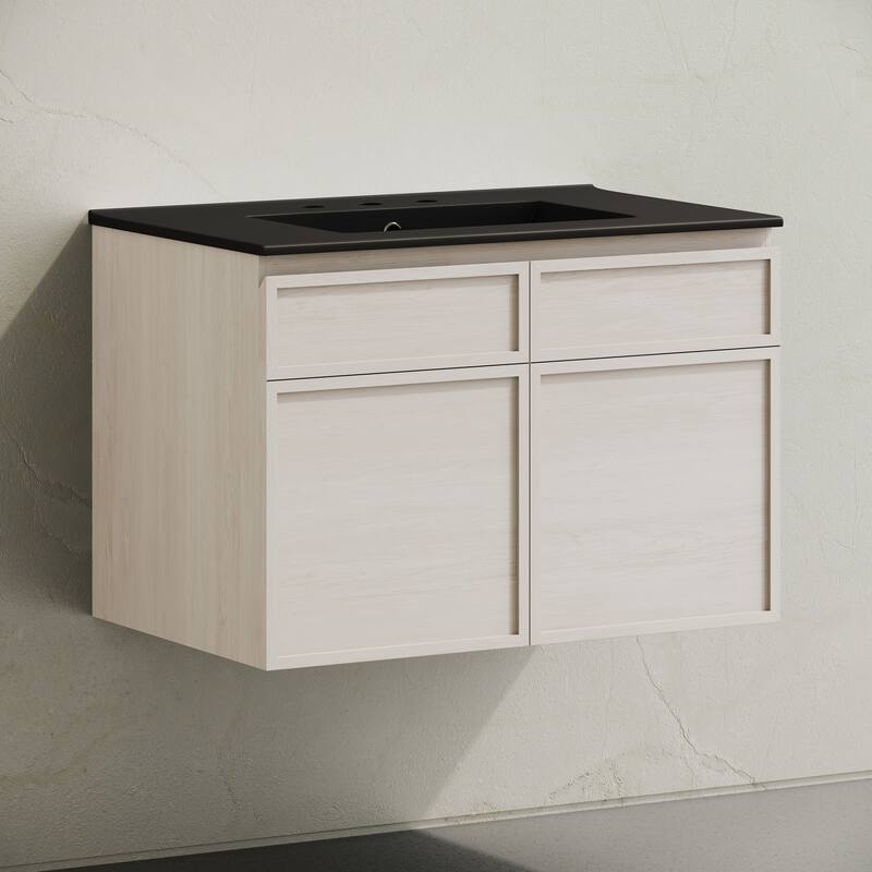 St. Tropez 30" Wall-Mounted Bathroom Vanity In White Oak With Black 3-Hole Widespread Sink Top - 30
