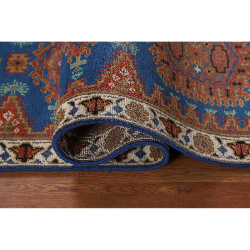Blue Geometric Viss Indian Runner Rug Handmade Wool Carpet - 2'7"x 10'1"