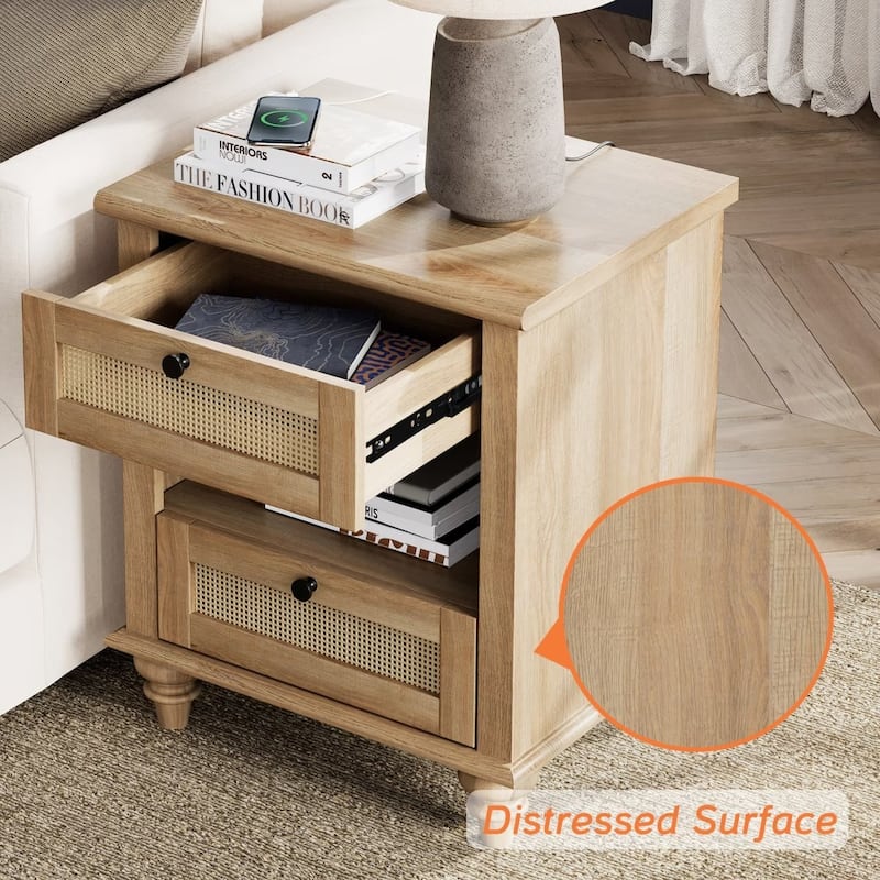 Mid Century End Table Nightstands with Charging Station & Drawer