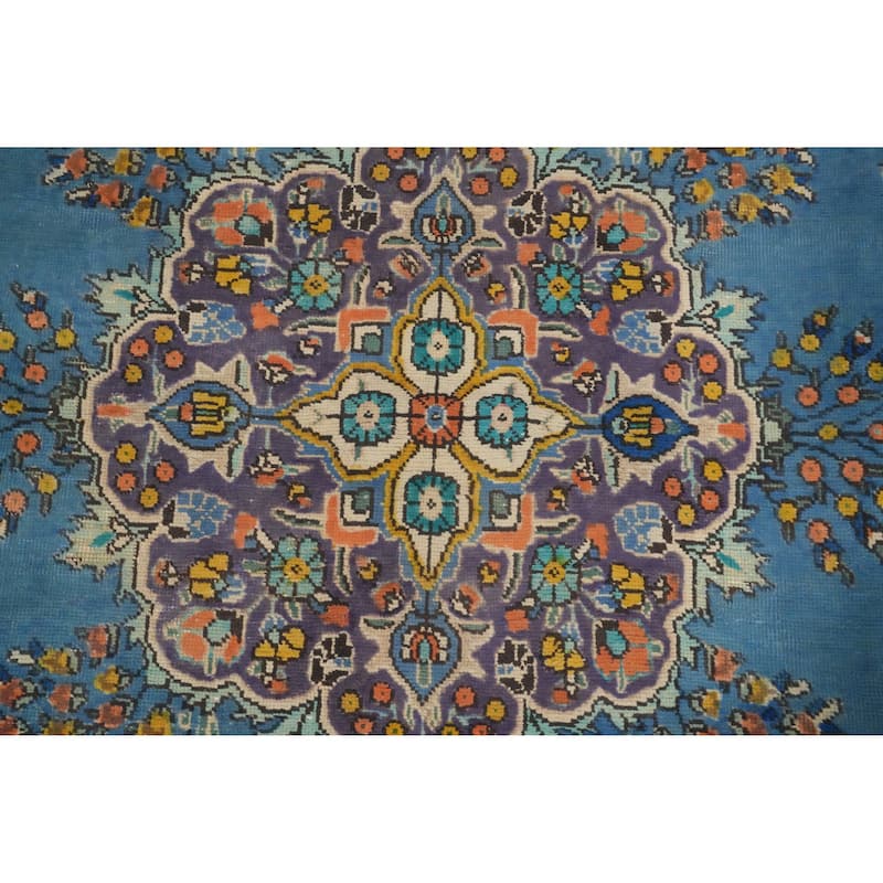 Hand Knotted Oriental 100% Wool Carpet Traditional Floral Navy Blue & Blues Tabriz Area Rug - 9' 6'' X 6' 7''