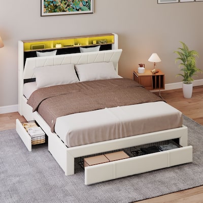 Upholstered Storage Bed with 5 Storage Drawers LED Headboard USB Ports