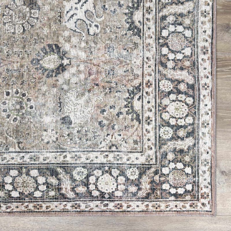 Hauteloom Ganyangan Living Room, Bedroom Machine Washable Area Rug - Traditional - Black, Charcoal, Cream - 9'10" x 14' - 7'10" Round - Black, Charcoal, Cream / Ganyangan