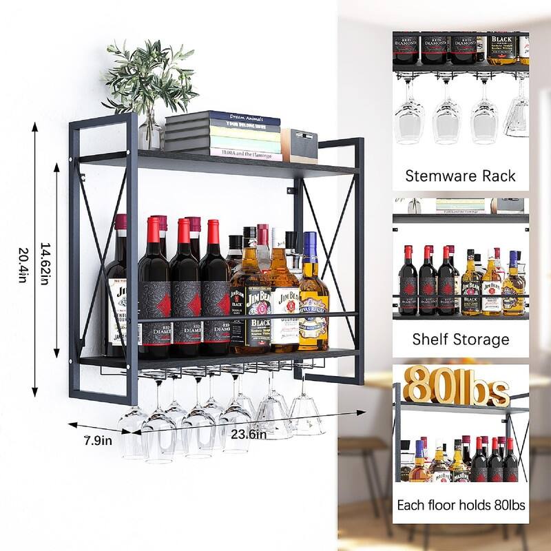 Wine Rack Wall Mounted 2 Tier Shelf - 23.6"D x 7.9"W x 20.4"H