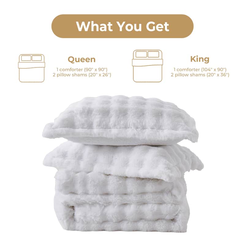 3 Pieces Fluffy Faux Rabbit Fur Comforter Set, Plush Fuzzy Bedding Set for Winter