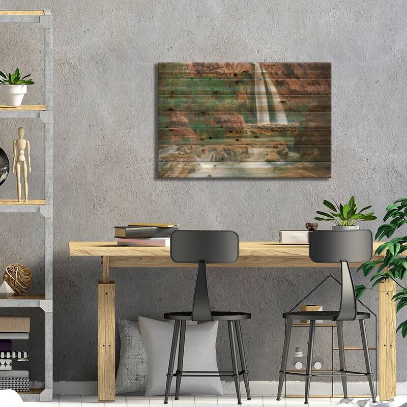 Havasu Creek, Which Is Lined With Cottonwood Trees, Being Fed By One Of Its Three Cascades Print On Wood by Tim Fitzharris