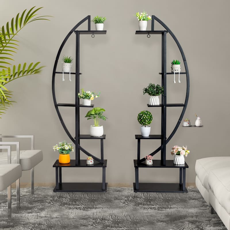 2pcs Half Moon Floor Plant Stand,Ironwood 6-layer Flower Stand Black