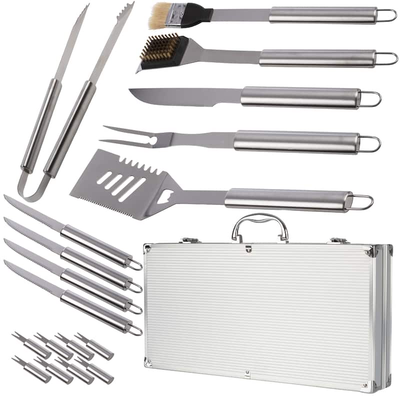 BBQ Grill Accessories Kit - 19-Piece Stainless-Steel Grilling Tools Set with Carrying Case by Chef Buddy