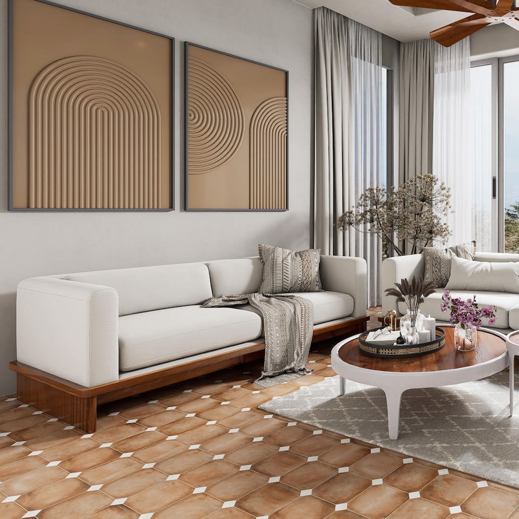 Merola Tile Laverton Octagon Natural with Taco Nieve 7-7/8" x 7-7/8" Porcelain Floor and Wall Tile