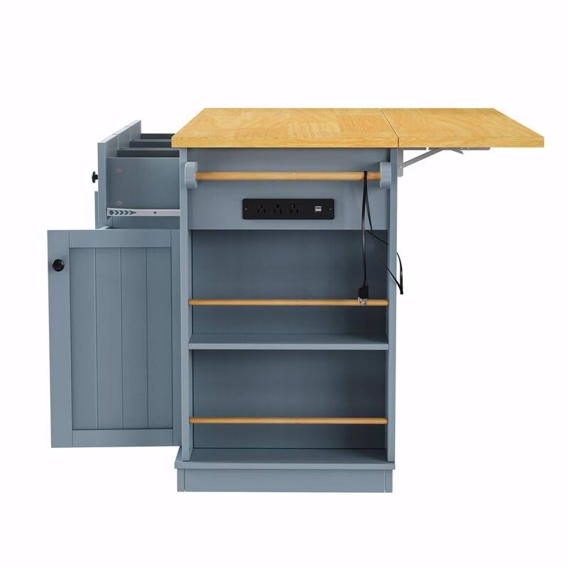 53" Rolling Kitchen Island with Drop Leaf, Power Outlet & Internal Door Storage, 5 Open Side Racks