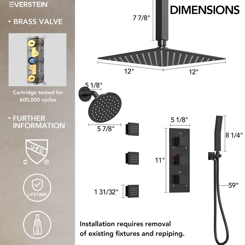 Thermostatic Dual Heads 12" Multi-Function Shower System with 3 Body Sprays