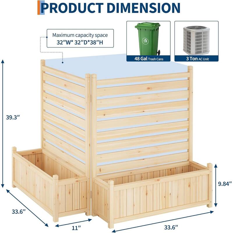 2-Pack 34x40 Inch Solid Wood Privacy Fence Panels with Planter Box - Outdoor AC Unit Cover and Decorative Garden Screen
